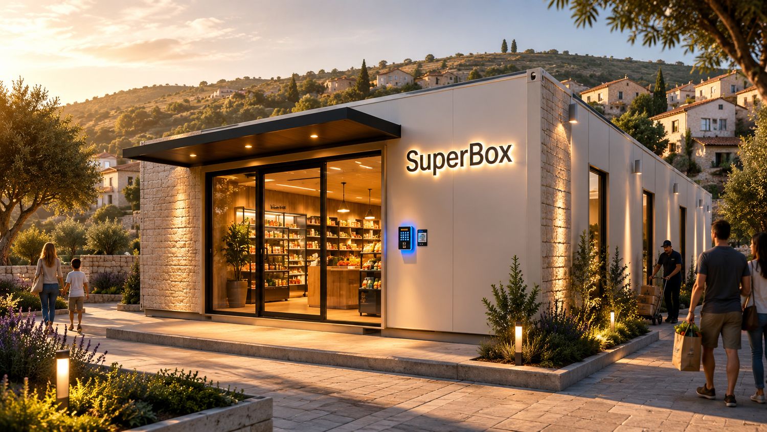The SuperBox pod in the community at dusk