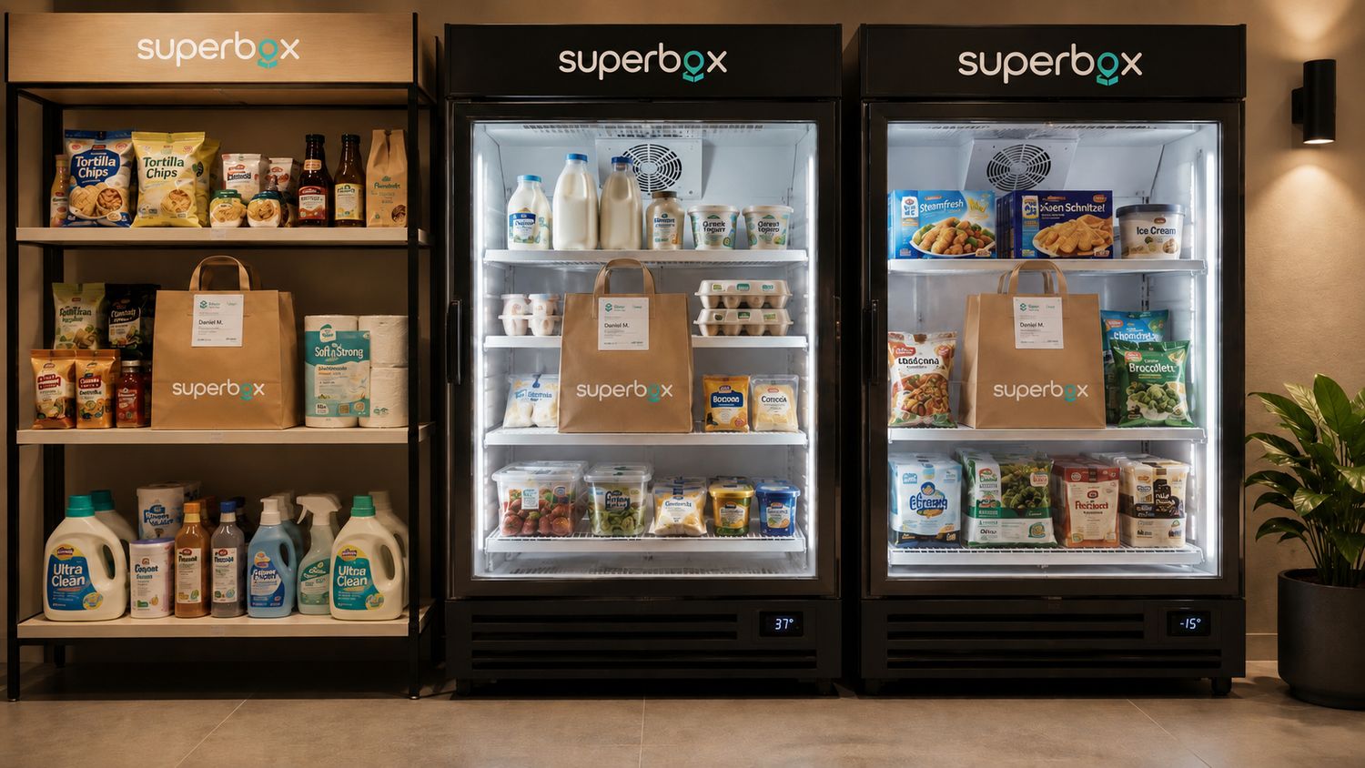 Branded SuperBox fridges with named, labeled customer bags