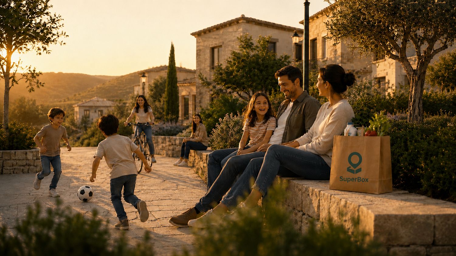 Family relaxing together at sunset with a SuperBox bag